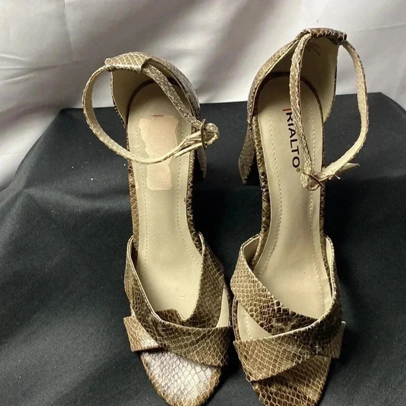 RIALTO WO SIZE 9.5 BROWN SNAKESKIN-ANKLE STRAP 4” THICK  HEEL OPEN TOE SHOE - Picture 12 of 13